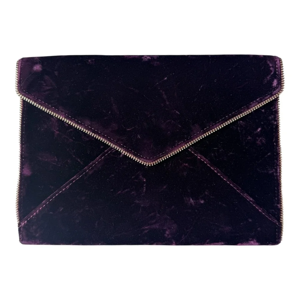 Rebecca Minkoff Leo Crushed Velvet Envelope‎ Clutch Dark Purple Velvet Gold Zip